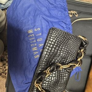 Stuart Weitzman Leather  Black Croc-Textured Chain Shoulder Bag